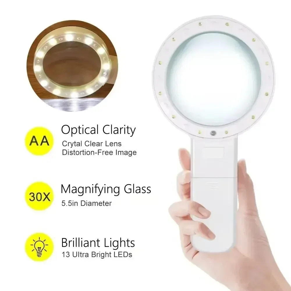 Lupa de mano de gran aumento 30X con 12 cuentas de lámpara LED, adecuada para personas mayores lean, reutilizable, fácil de usar