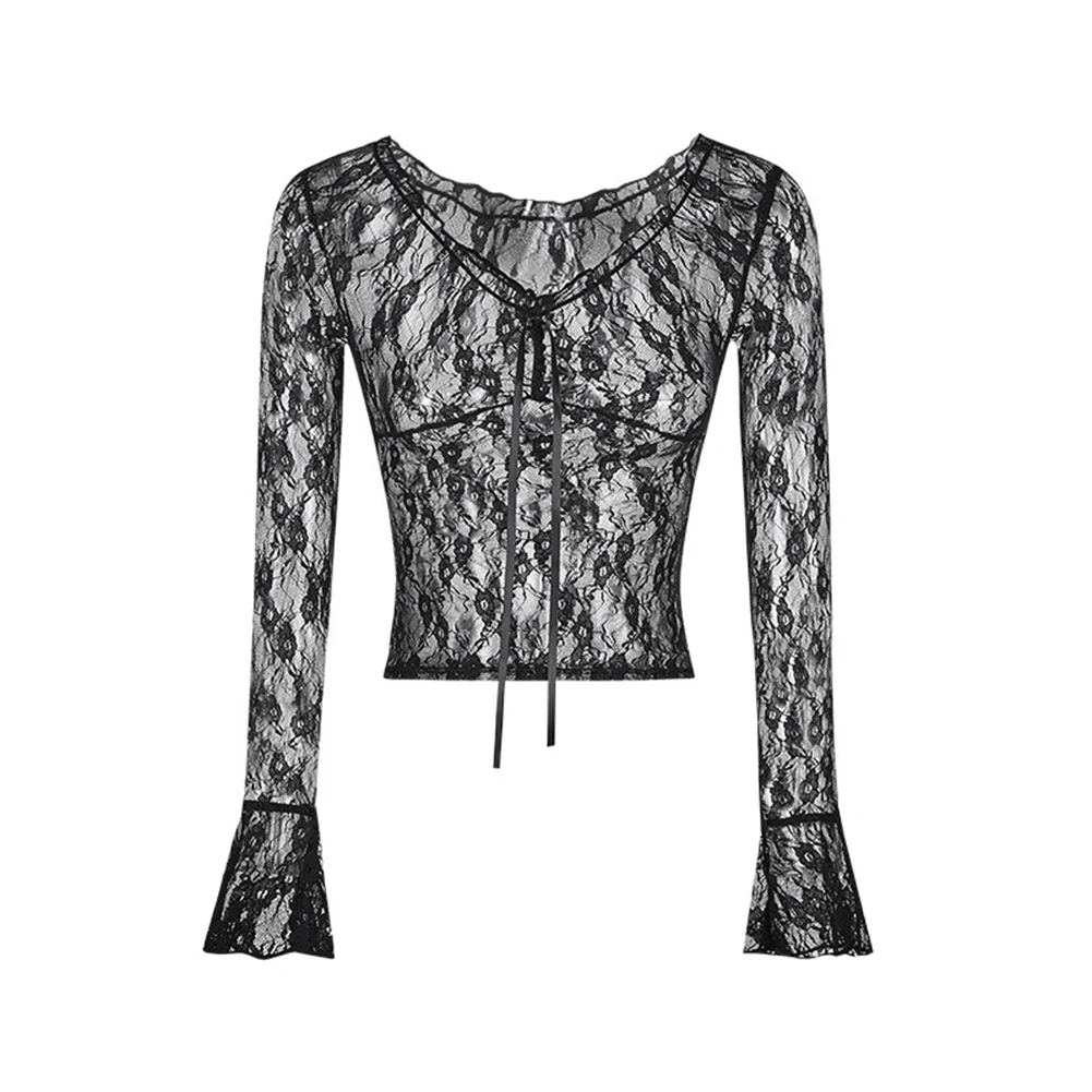 

Casual Cropped Long Sleeve Black Lace See-through T-shirt Polyester Fabric Solid Color Pattern Microelasticity Top