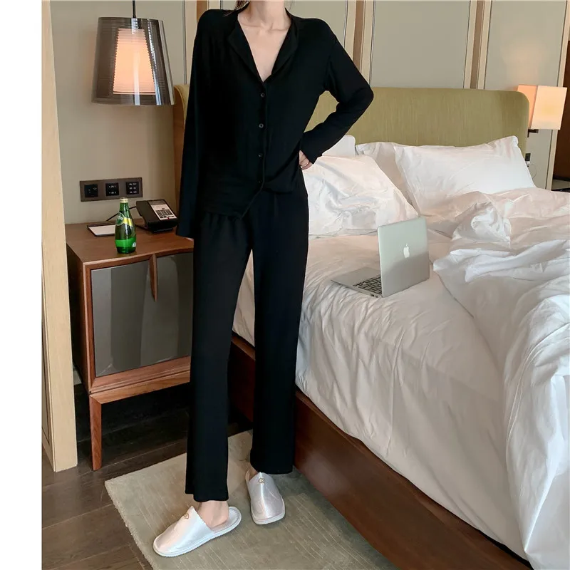 Fdfklak Women Pajamas Suits 2024 Spring Autumn New Sleepwear Casual V-Neck Female Night Wear Black/Gray 2Pcs Homewear Set