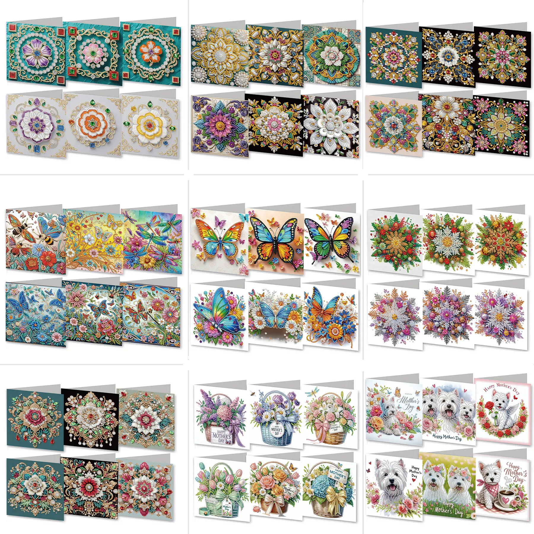 6-piece DIY diamond painting greeting card set with envelope, floral and animal themes, carrying blessings and hearts ﻿