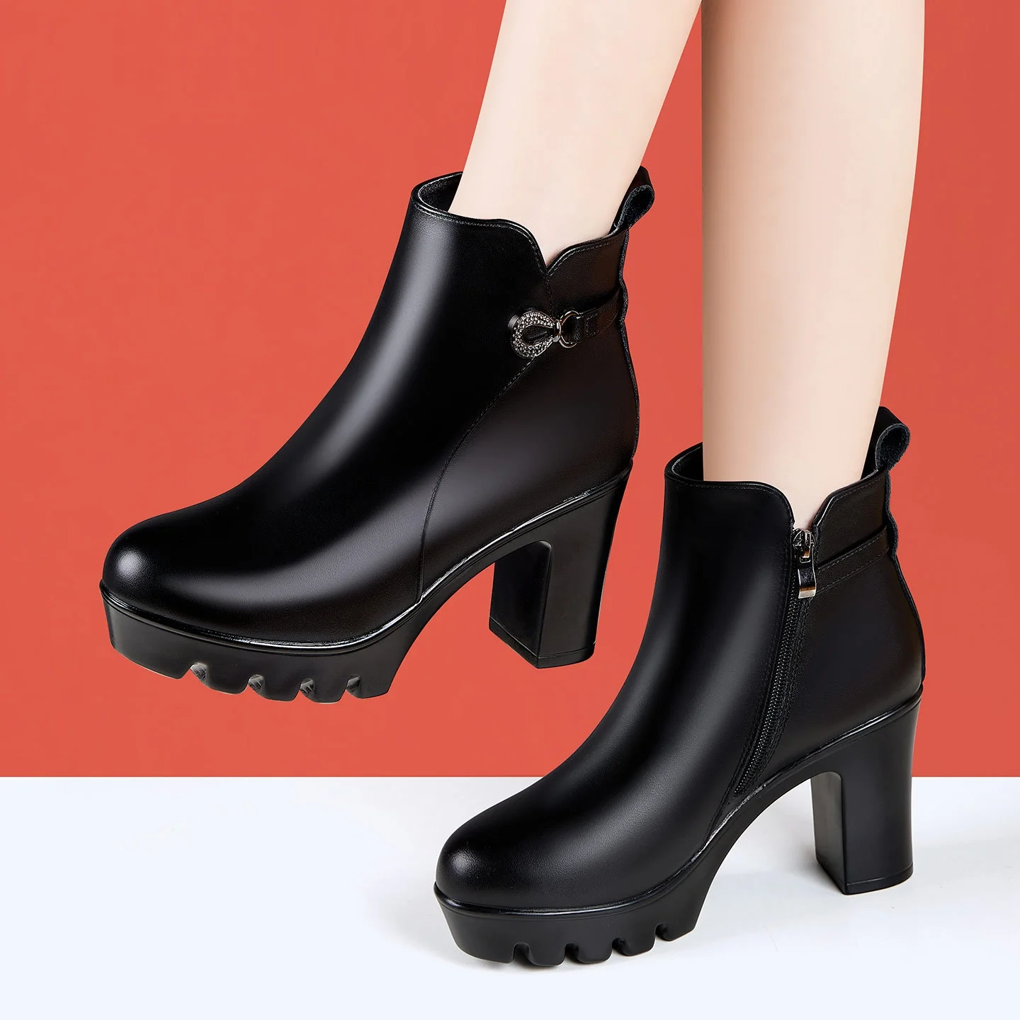 

9cm Comfortable Fashion Soft Leather Boots Women's Platform Shoes Winter 2025 Block High Heel Warm Fur Ankle Boots Model Office