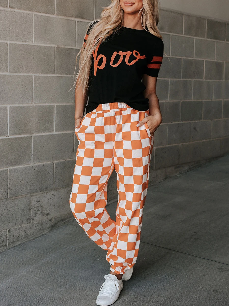 สตรี Checkered Cargo กางเกงเอวยางยืดสีบล็อก Gingham หลวม Jogger กางเกง Streetwear