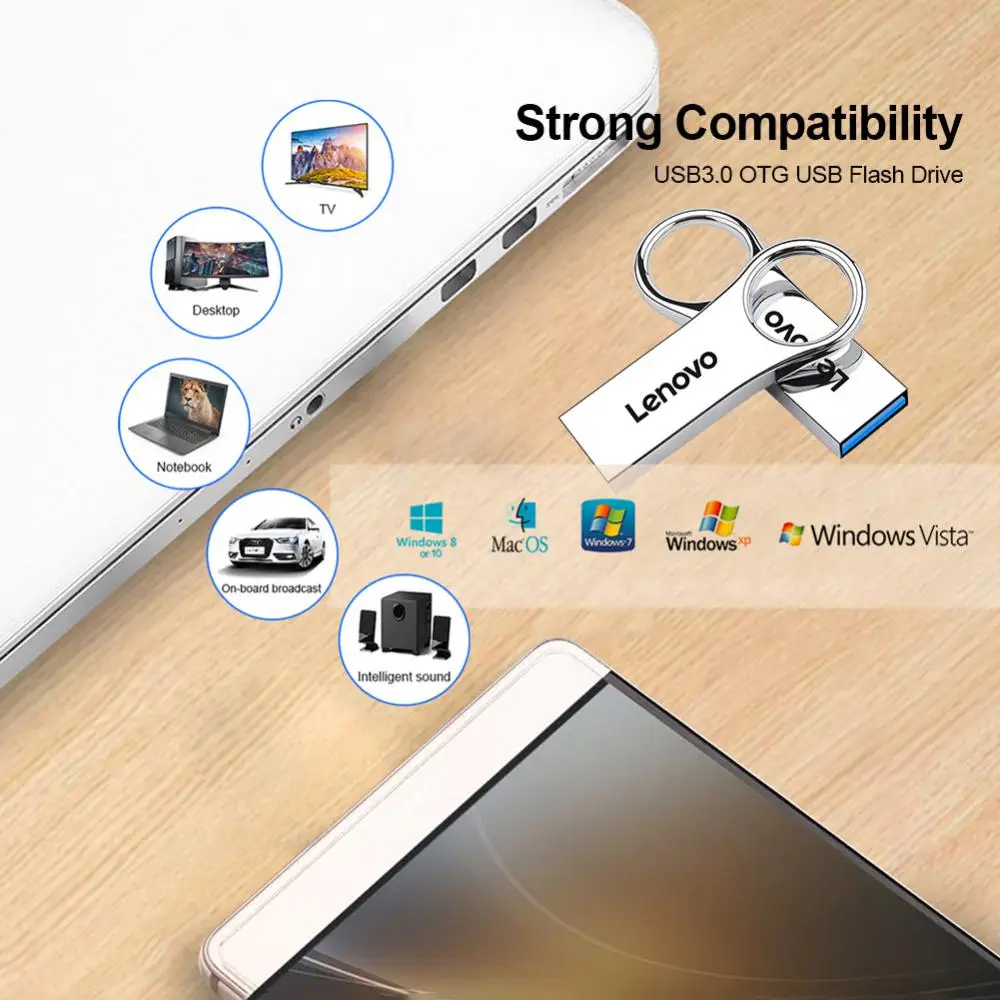 Lenovo-Thumb Drive de Armazenamento Externo, USB Flash Drive, Photo Memory Stick, Pen Drive para iPhone, iPad, Tablet, PC, Computador, 128GB, 2TB