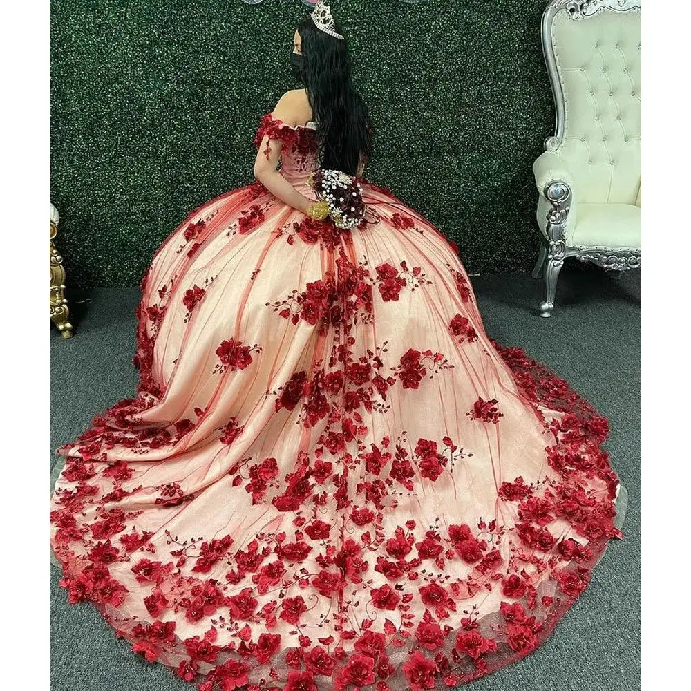 Customized Burgundy 3D Flowers Appliques Lace Quinceanera Dress Ball Gown Beaded Floral Sweet 16 Vestidos De XV Anos YQD485