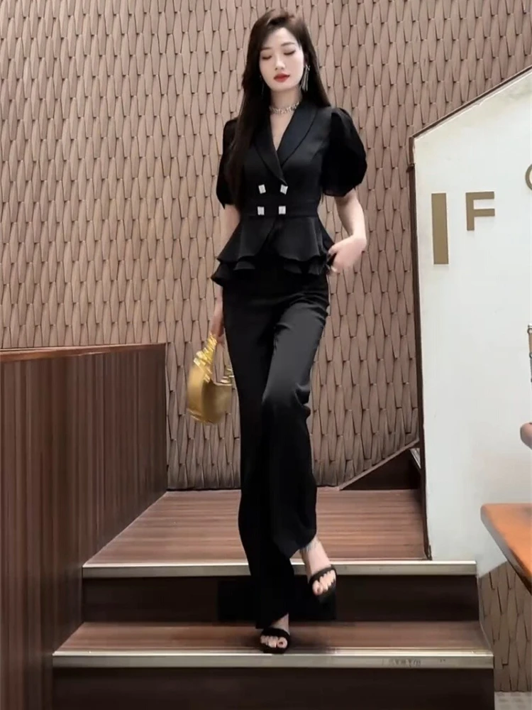 

French style fashion suit for women in 2025 summer popular new design ruffled edge suit flared pants trendy two-piece set