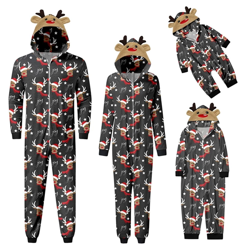 Combhasaki Familien-passender Weihnachts-Pyjama, Loungewear, langärmelig, 3D-Elchgeweih, Allover-Print, Kapuzen-Strampler, Overalls mit Reißverschluss