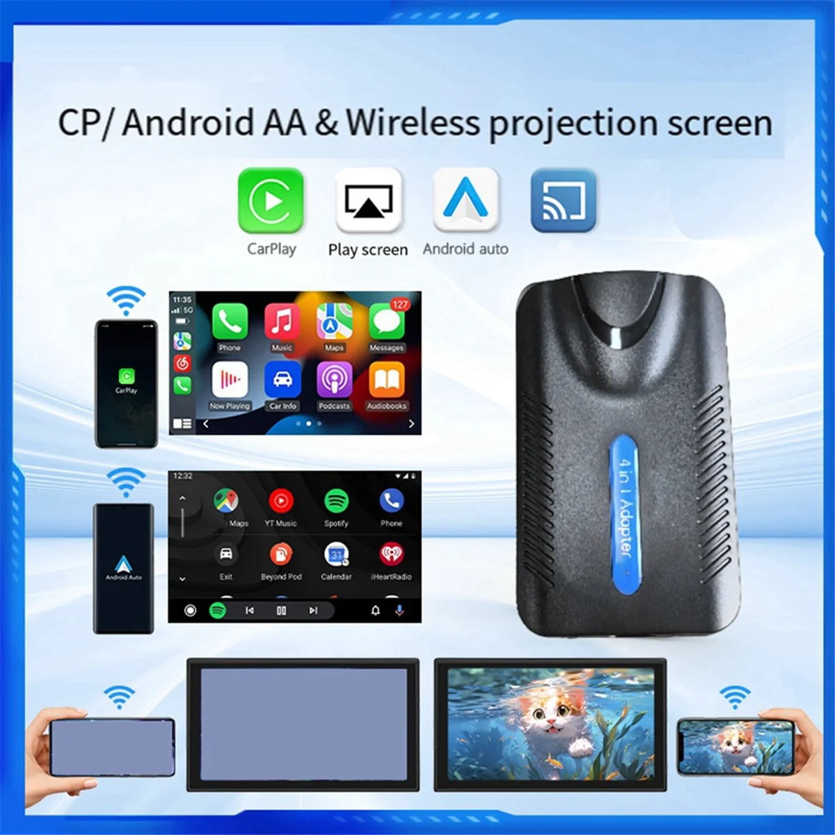 4-In-1 Wired to Wireless Carplay AI Box Android Auto for Toyota Mazda Nissan Kia Audi Benz Ford Opel