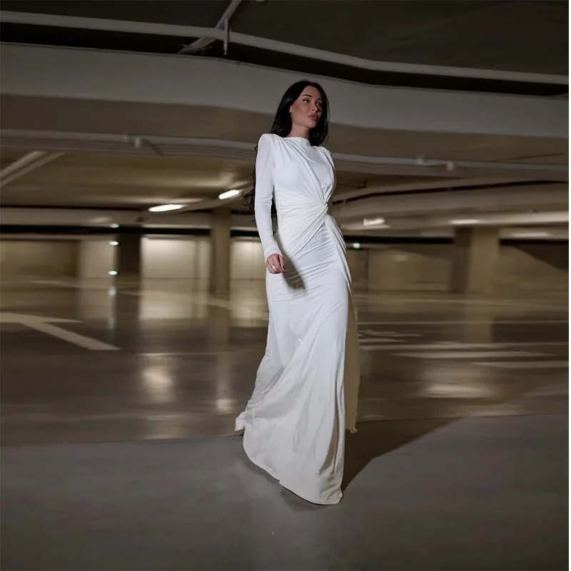 

Elegant Solid Color Ruched Waist round Neck Dress Fashionable European American Style Women's Dress