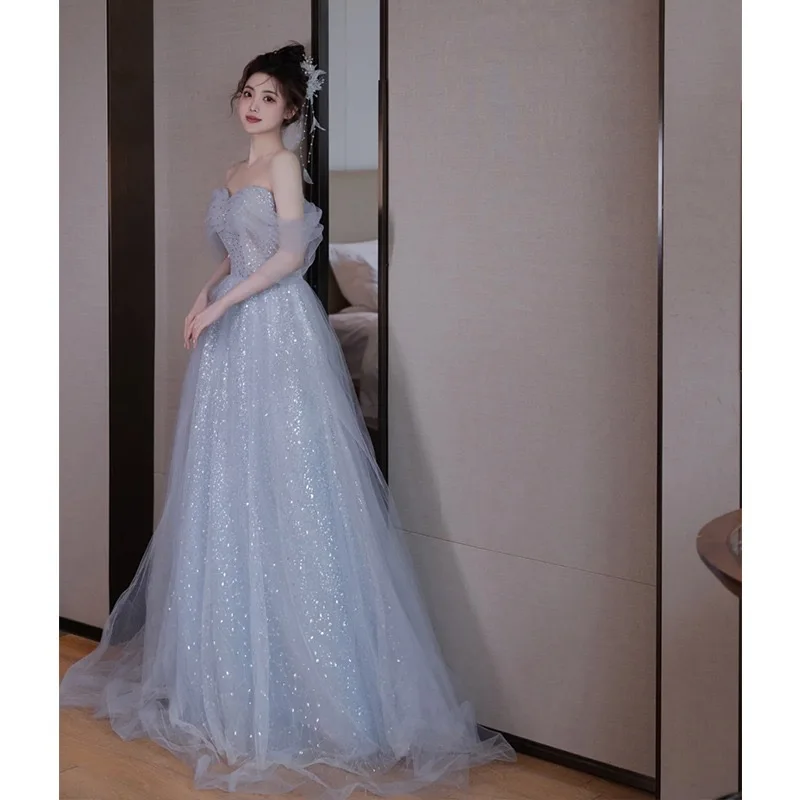 Evening dress high-end new blue banquet temperament