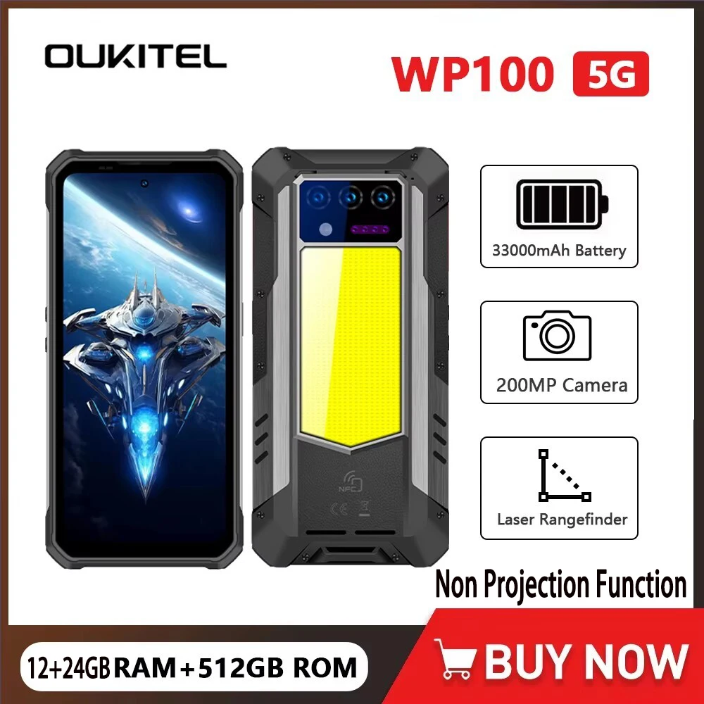 Oukitel WP100 Rugged Phone 33000mAh Battery Built in Laser Rangefinder 6.8 Inch 12+24GB RAM+512GB Mobile Phone 200MP Camera NFC
