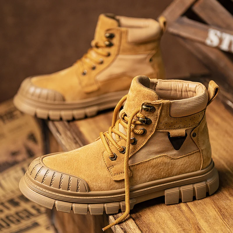 

2025 New Men's Big Yellow Boots Durable Anti - Skid Sole High - Top Chunky Sole Winter Fleece Lined British Work Boots Motorcycl