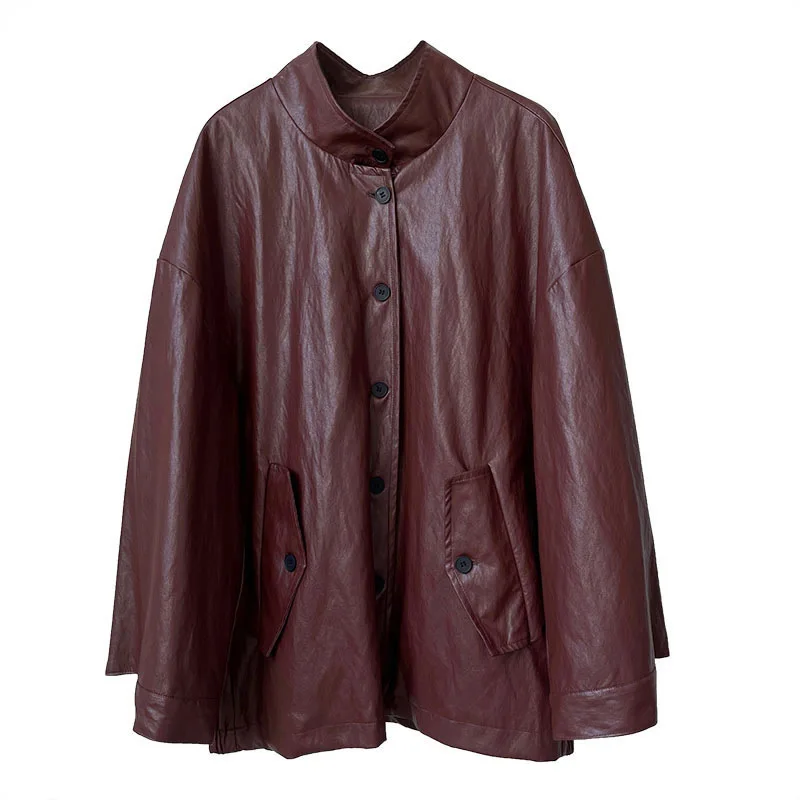 Chaqueta de cuero Pu con cuello levantado para mujer, abrigo suelto de imitación de cuero, abrigos rojos Vintage de una sola botonadura