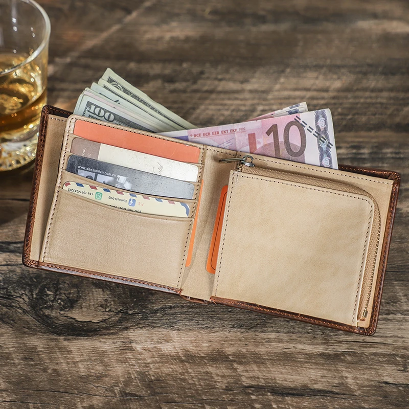 Contact‘s Full Grain Leather Wallet for Men Customized Small Bifold Purse Slim Zipper Coin Pocket Rfid Blocking Card Holder