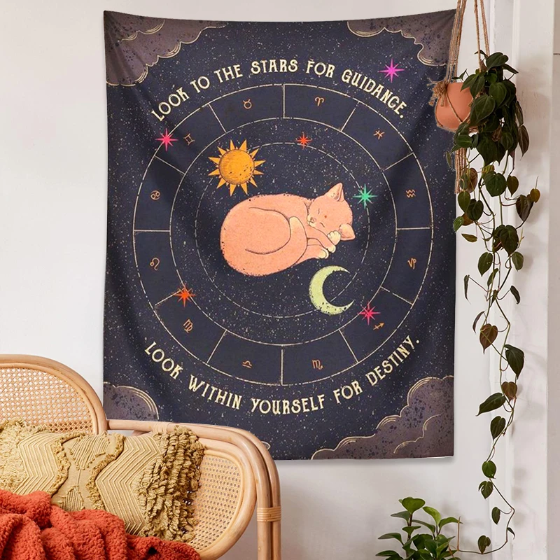 Tarot Cat Tapestry Wall Hanging Zodiac Astrology Sun Moon Astrology Witch Aesthetic for Living Room Bedroom Print Home Decor