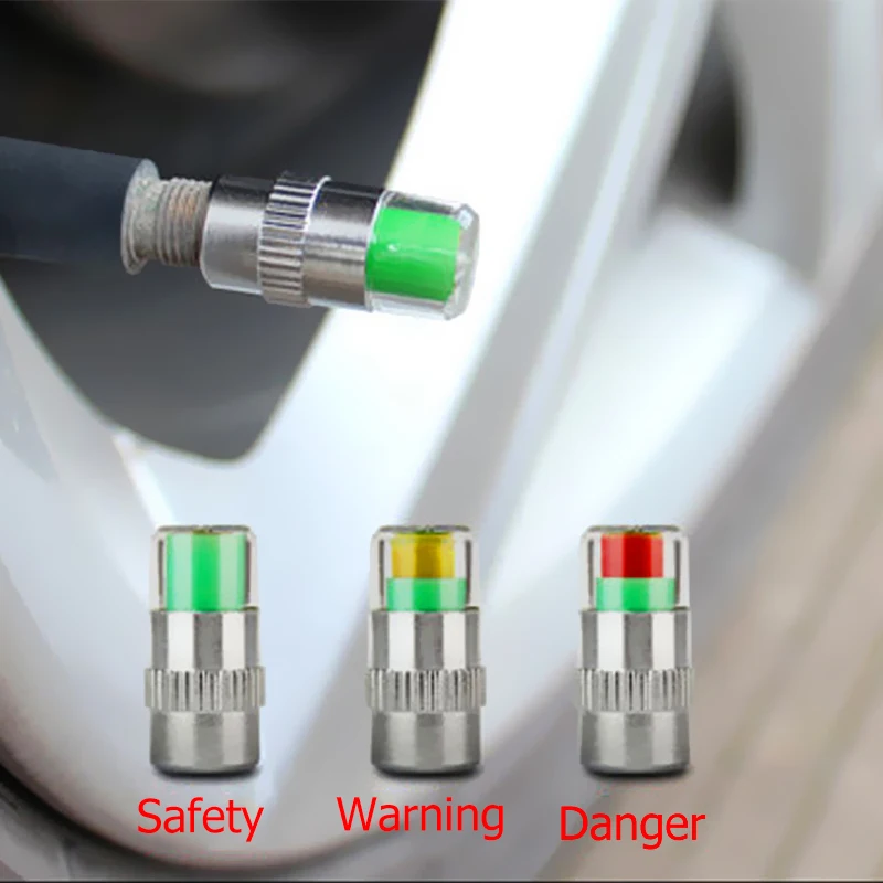 4Pcs 2.4 Bar Car Tire Pressure Guage Cap Sensor Indicator Alert Monitoring Tool Tyre Cap Indicator Alert Air Pressure Gauge