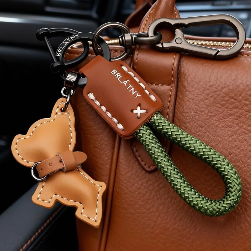 French Bulldog Keychain Handmade Genuine Leather, Braided Rope Key Chain with Anti-Loss Strap for Women Men, Car Key Organize
