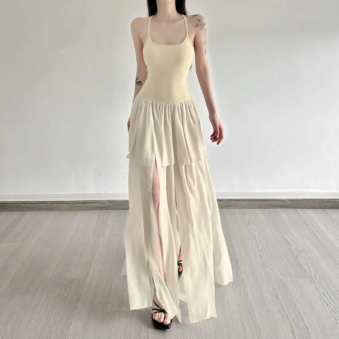 Verão novo cor sólida fino ajuste cintura irregular emagrecimento dupla camada vestido versátil para mulher