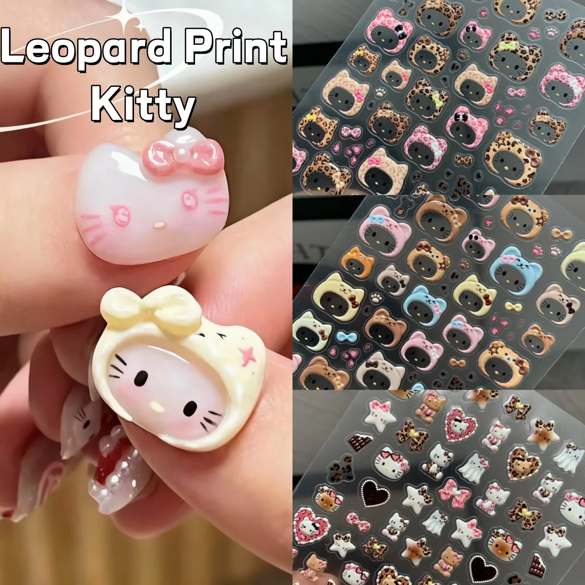 1/2/3 pièces mignon imprimé léopard Hello Kitty chapeau Nail Art autocollant 5D écharpe arc ongles décalcomanies pouces Kitty automne hiver accessoire pour ongles
