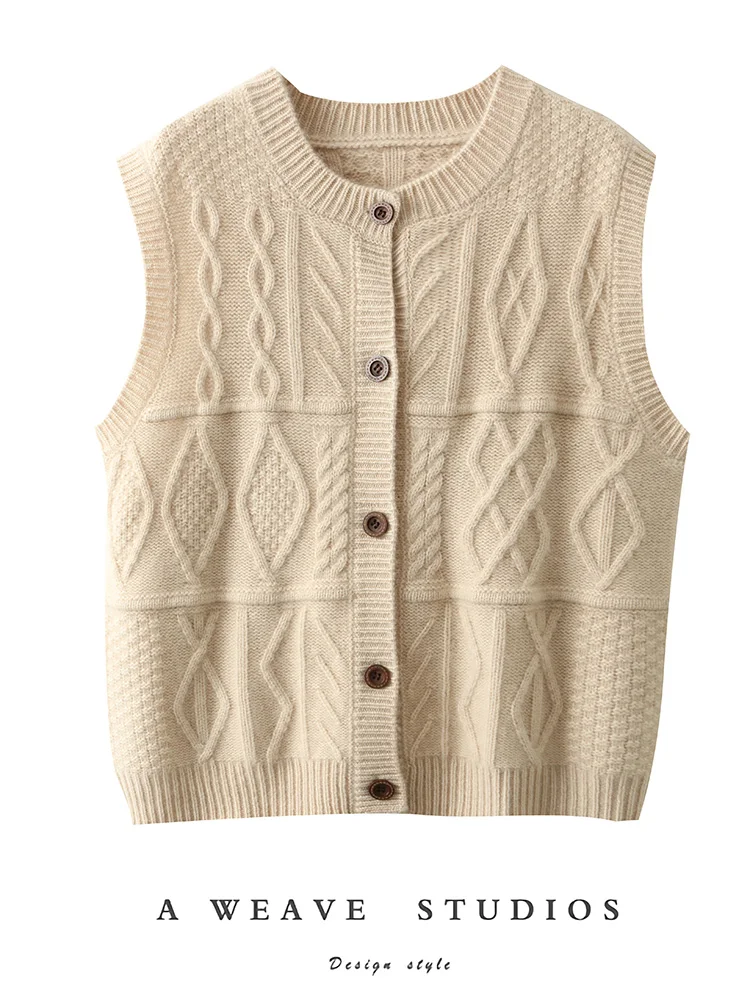 

Women Cashmere Waistcoat Cardigan O-neck Twisted Flower Sweater Vest Autumn Winter 100% Cashmere Knitwear Sleeveless Vintage Top