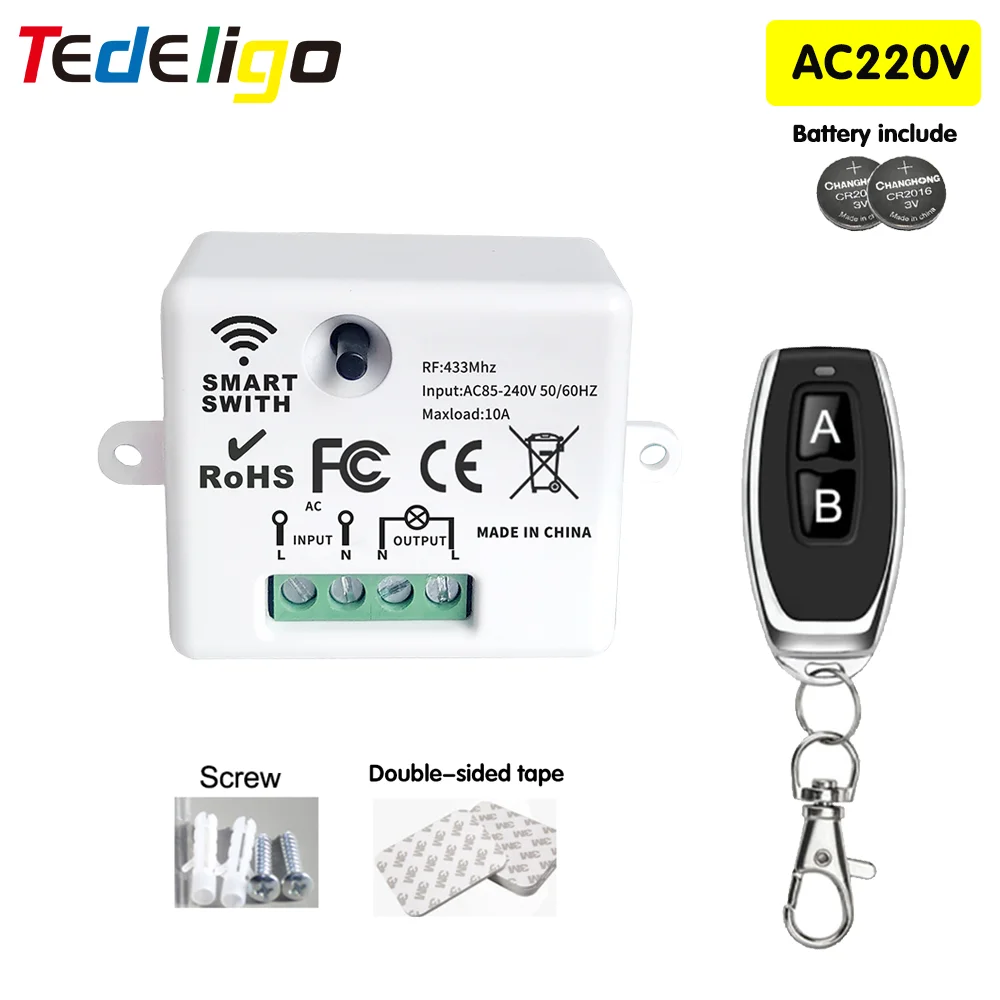 433MHz AC 110V 220V Bezprzewodowy przełącznik zdalnego sterowania RF 1CH Odbiornik przekaźnikowy z nadajnikiem ON/OFF do sterowania żarówką LED DIY