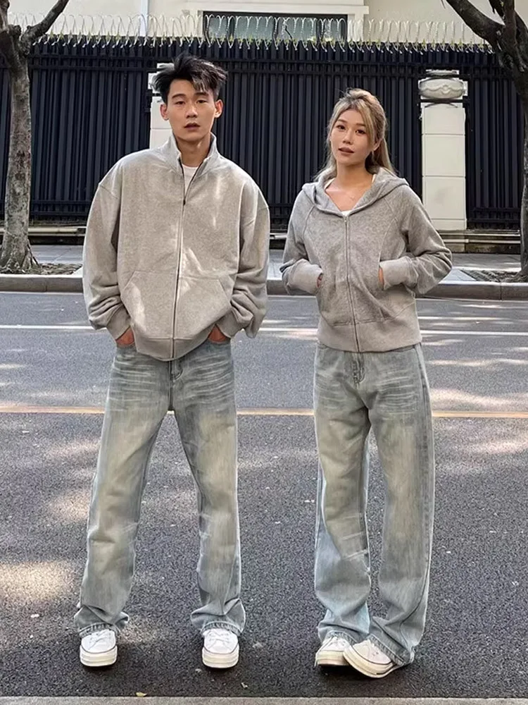 

American Retro Knife Wide Leg Jeans Men's Autumn Winter High Street Slim Straight Loose Fit Jeans Youth Trendy Cotton Blend