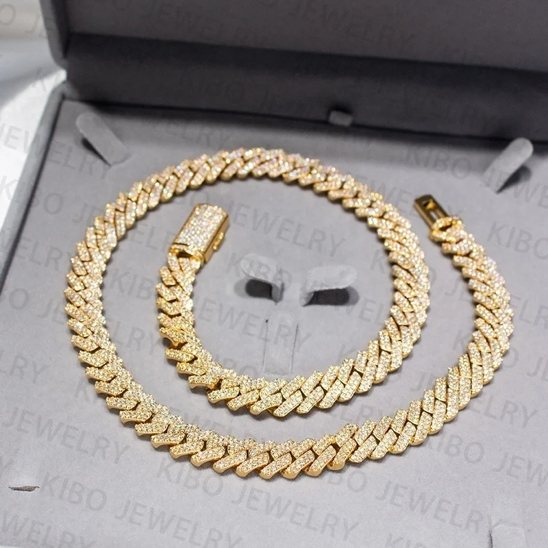 Luxury Hip Hop Jewelry Gold Plated 12MM Prong Setting 925 Silver VVS Moissanite Cuban Link Chain Necklace