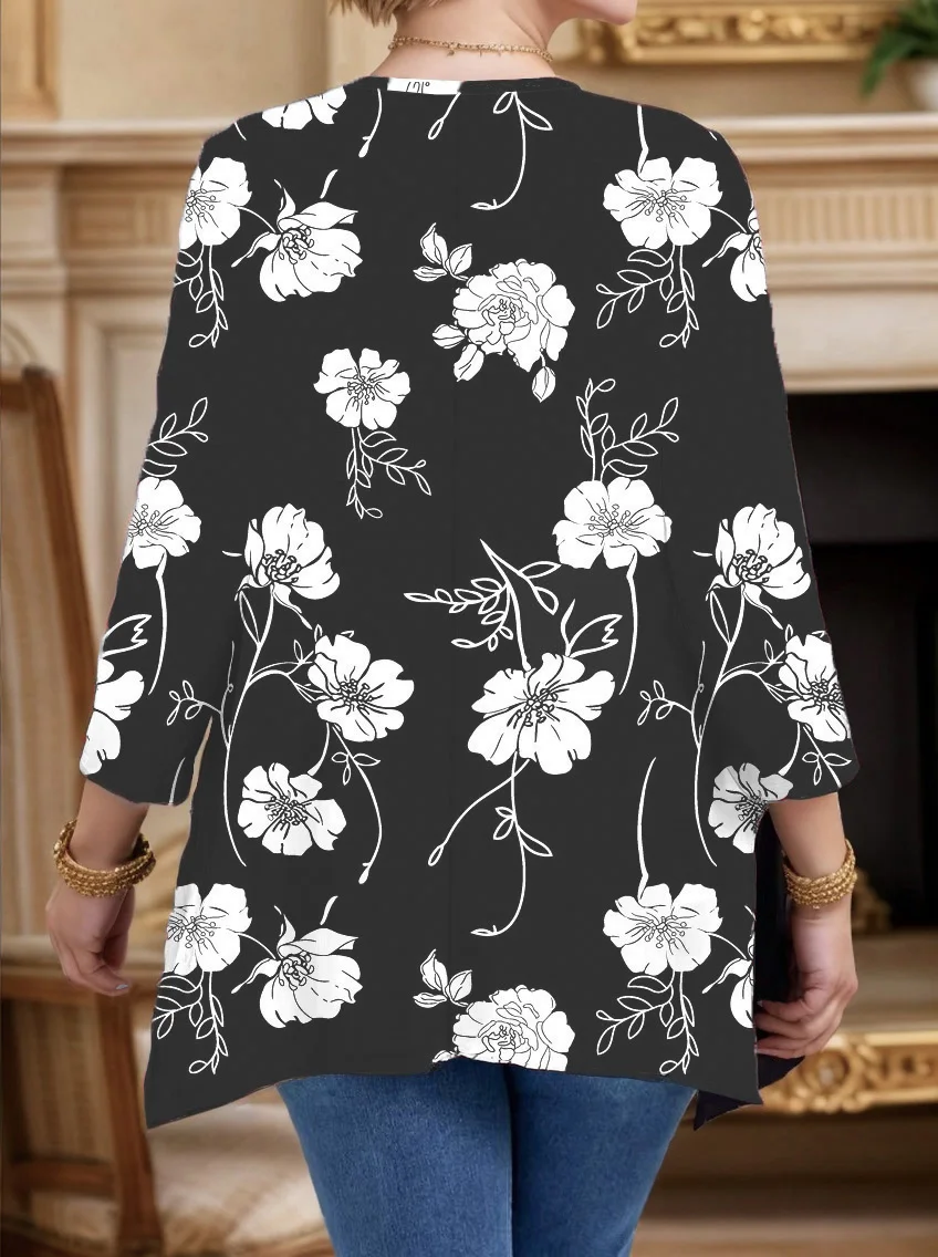Camiseta solta de manga comprida com estampa floral casual e minimalista, roupas femininas de outono e inverno plus size