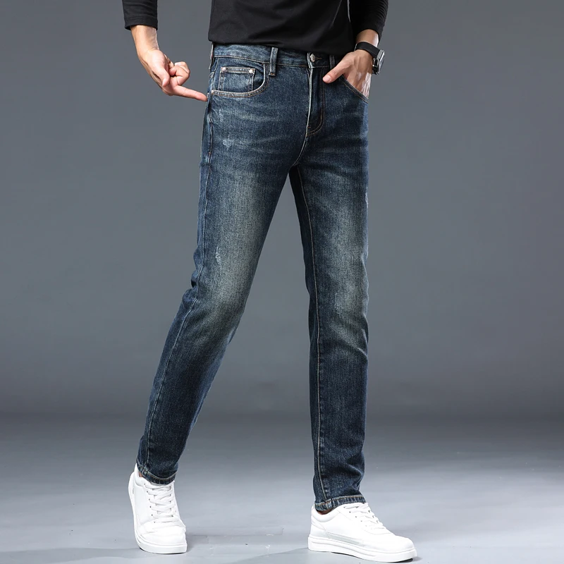 2024 case new high-end business men's jeans retro blue fashion versatile casual men's stretch Slim straight pants