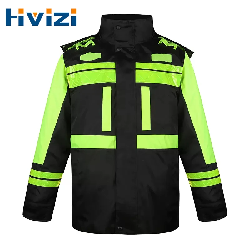 High Visibility Waterproof Rain Jacket Detachable Hat Safety Reflective Men Women Construction Workwear Thickened Cotton Jacket