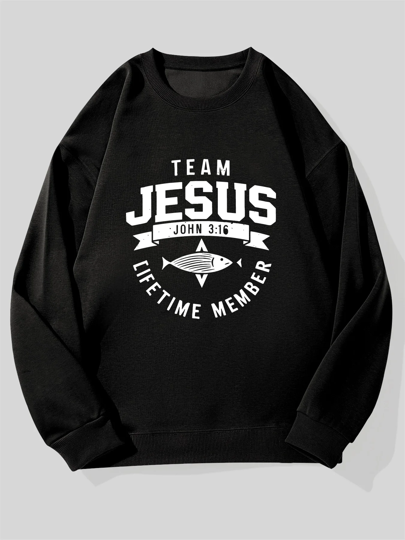 

Men's Team Jesus Christian Faith Sweatshirt with Bible Verse John 3:16 & Fish Symbol - Black/White Religious Apparel, Loose Fit