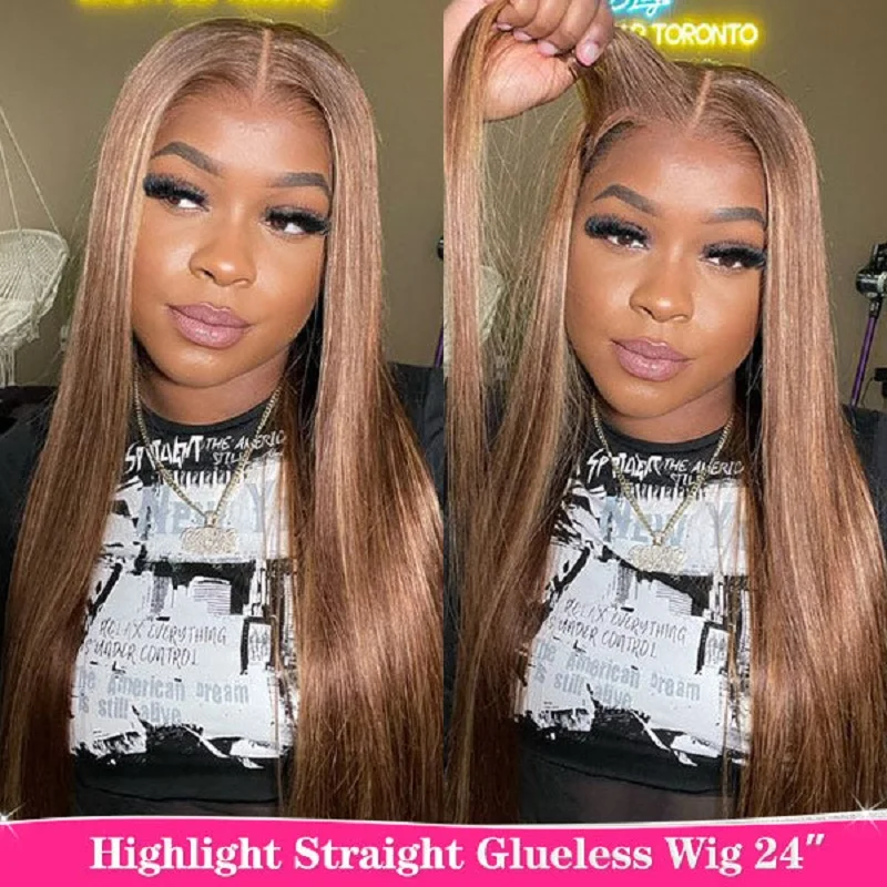 

Wear And Go Glueless Human Hair Brazilian Straight Highlight Wig 6x4 HD Lace Glueless Preplucked Human Wigs Ready To Go