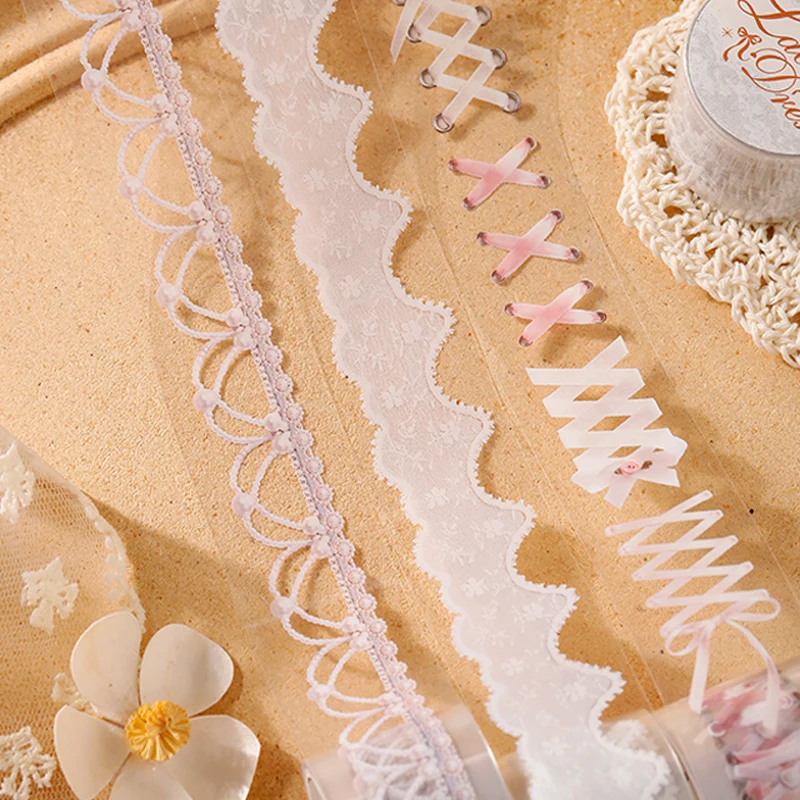 3 Rolls Imitation French Palace Lace Border Washi Tape, Elegant White Lace Stickers for Junk Journal Decoration view 2