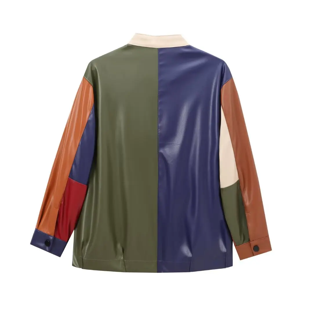 Faionable Stehkragen Patchwork Farbe Leder Jaet frauen Herbst Neue Sle JNLEAOG Französisch Sle Gerade Rohr Mantel