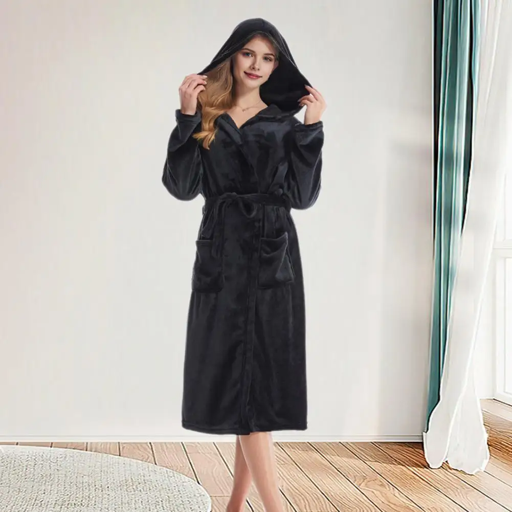 Winter Women Loungewear Thick Flannel Warm Adjustable Lace Up Belt Hooded Nightgown Solid Color Great Water Absorption Homewear