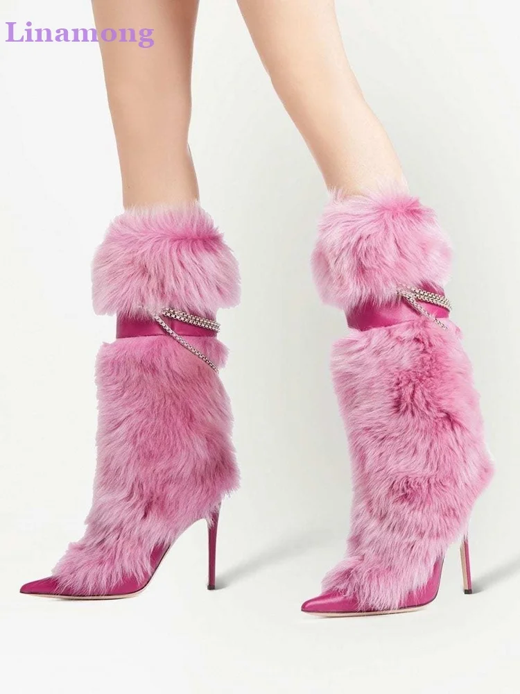 2024 New Arrivals Crystal Chain Winter Boots For Female Women Pink Thin High Heel Fur Pointed Toe Mid-calf Fashion Elegant Shoes