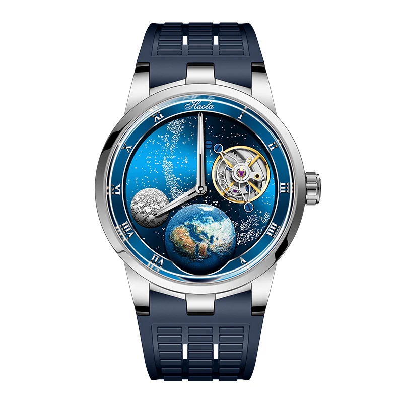 Haofa Tourbillon Mechanical Mens Watch Starry Sky Earth Carousel Luminous Stainless Steel Case 80 Hour Power Watch Business 1952