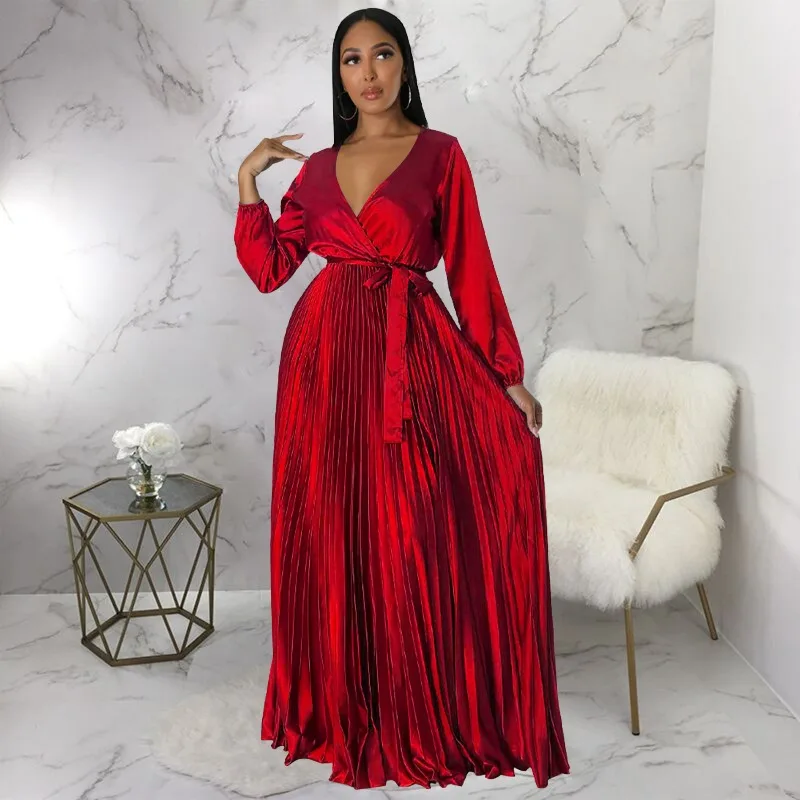 도이어르 긴소매 브이넥 새틴 드레스 여성 우아한 하이웨이스트 플리츠 A라인 클럽 파티 롱 드레스 (허리띠 포함) 여성용 로브
