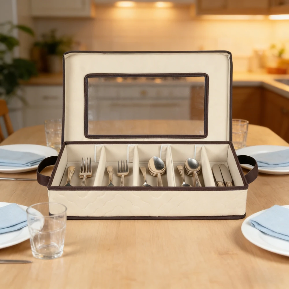 Flatware Organizer with Zipper Lid Cutlery Storage Box for Spoon Fork Knives Tableware Silverware Organizer