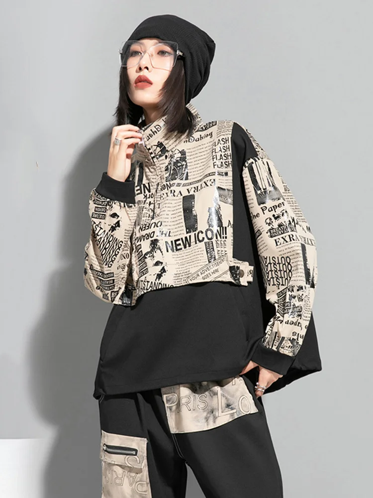 [EAM] Loose Fit Printed Spliced Sweatshirt New Stand Collar Long Sleeve Women Big Size Fashion Tide Spring Autumn 2024 1DF1320