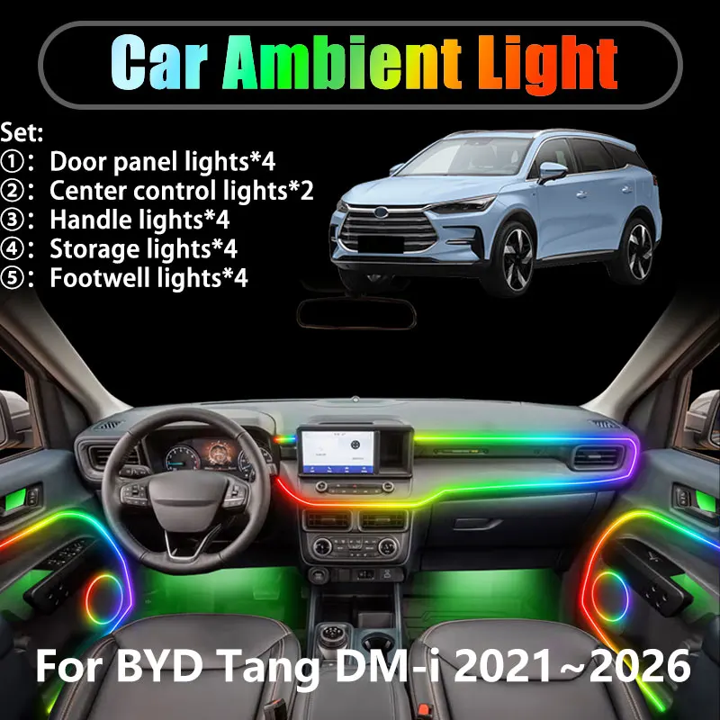 

Для BYD Tang DM-i 2021 ~ 2026 2022 2023 SUV 2/18 в 1 Автомобильное окружающее освещение Светодиодные внутренние светодиодные фонари багажника USB RGB Ensemble Streamer
