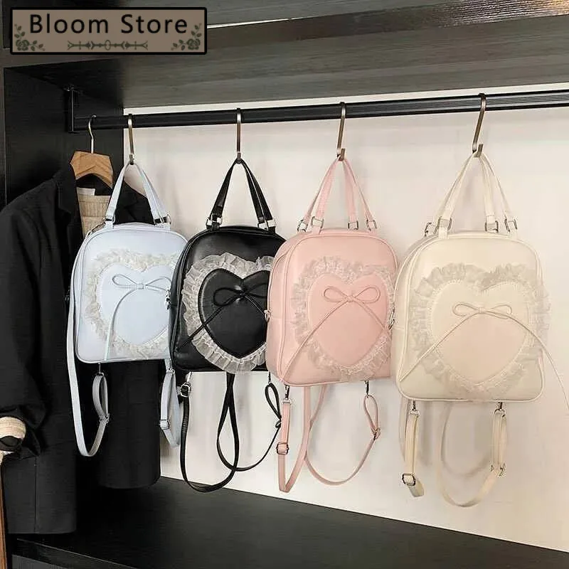 Sweet Kawaii Lace Patchwork Heart Bow Mini Handbags Japanese Chic Girls Preppy Schoolbags Y2k Aesthetic Casual Backpacks Women