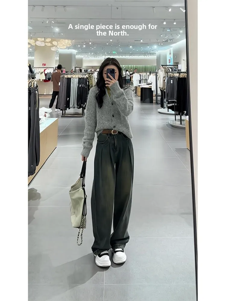 Plus Size Fce-gefütterte Thi-Denim-Jeans für Damen, hohe Taille, weites Bein, gerader Schnitt, lässig, bequem, atmungsaktiv, verschleißfest