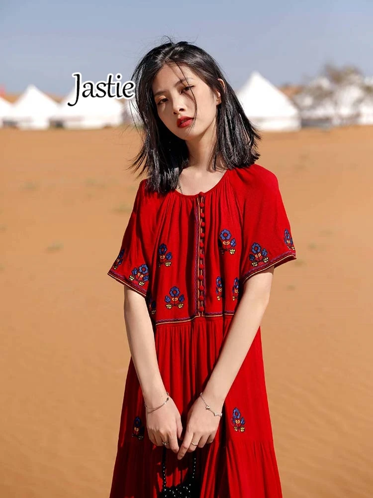 Jastie Summer New Retro Cotton And Linen Dress Women Long Knee-length Embroidery Big Swing Dresses Red Loose Short Sleeve Dress