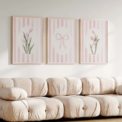 Pink Bow Wall Art Set Of 3 Striped Floral Prints Tulips Watercolors Preppy Room Decor Aesthetic Posters for Dorm Living Room
