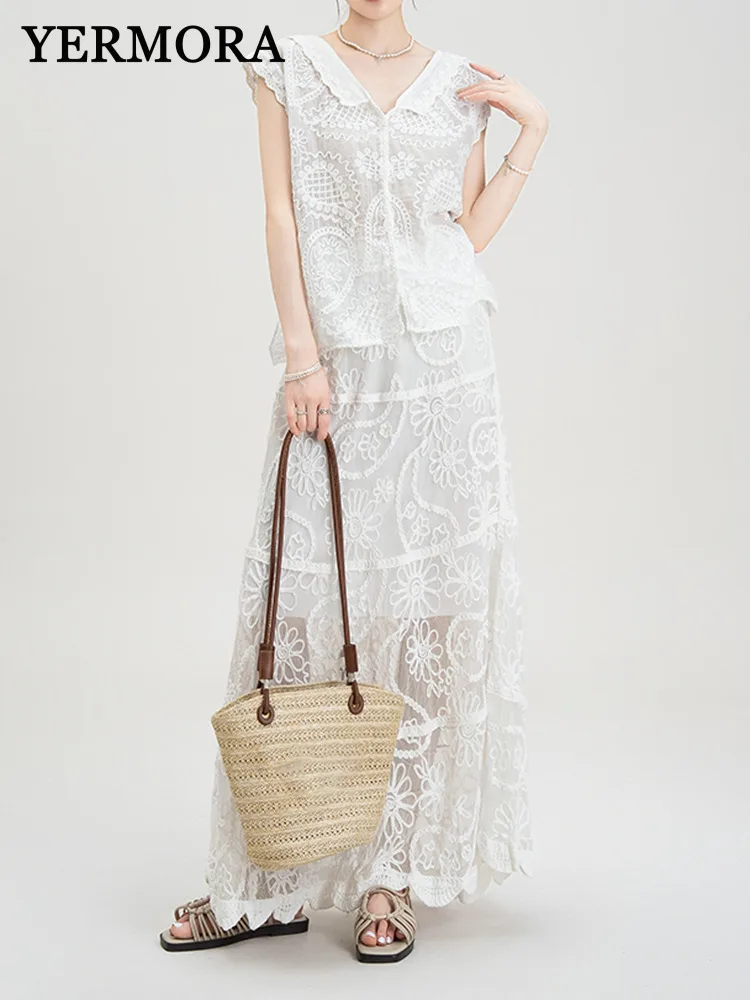 

YERMORA Women Two Pieces Set White Embroidery Vest Lapel Short Sleeve Loose New High Waist Fashion Tide Spring Summer 2025