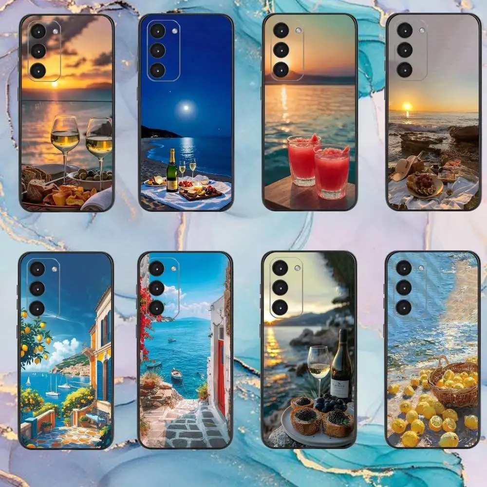 

Seaside Scenery Red Wine Lemon Phone Case For Samsung Galaxy A73,A72,A71,A70,A53,A52,A51,Others Soft Black Cover