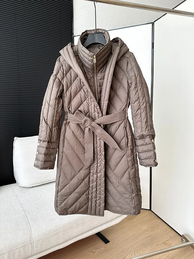 Designer Fake Two Pieces Down Coat Women Warm Stand Collar Hooded Long Jacket Office Ladies Slim Fit Fashion Casual Overcoat