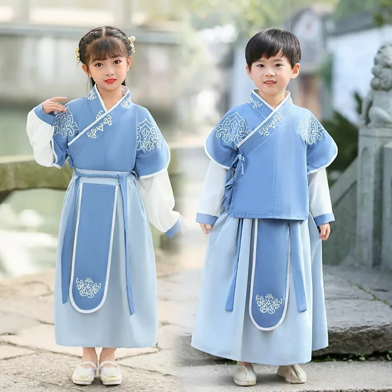 

Spring Summer Swordsman Girls Long Sleeve Perform Costumes Kids Cotton Embroidery Tang Suit Boys Chinese Lovely Ancient Hanfu