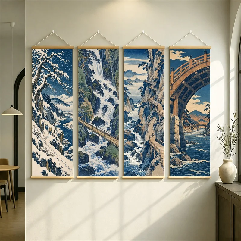 Snowy Forest and Arched Bridge Hanging Scroll in Japanese Ukiyo-e Style with Rushing Waterfalls for a Boutique Guesthouse