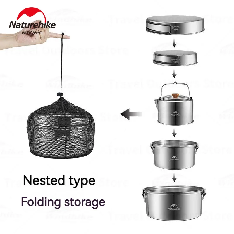 Naturehike Camping Cookware Set Stainless Steel Pot Set Frying Pan Pot Kettle Ultralight Portable Outdoor Picnic BBQ Utensils